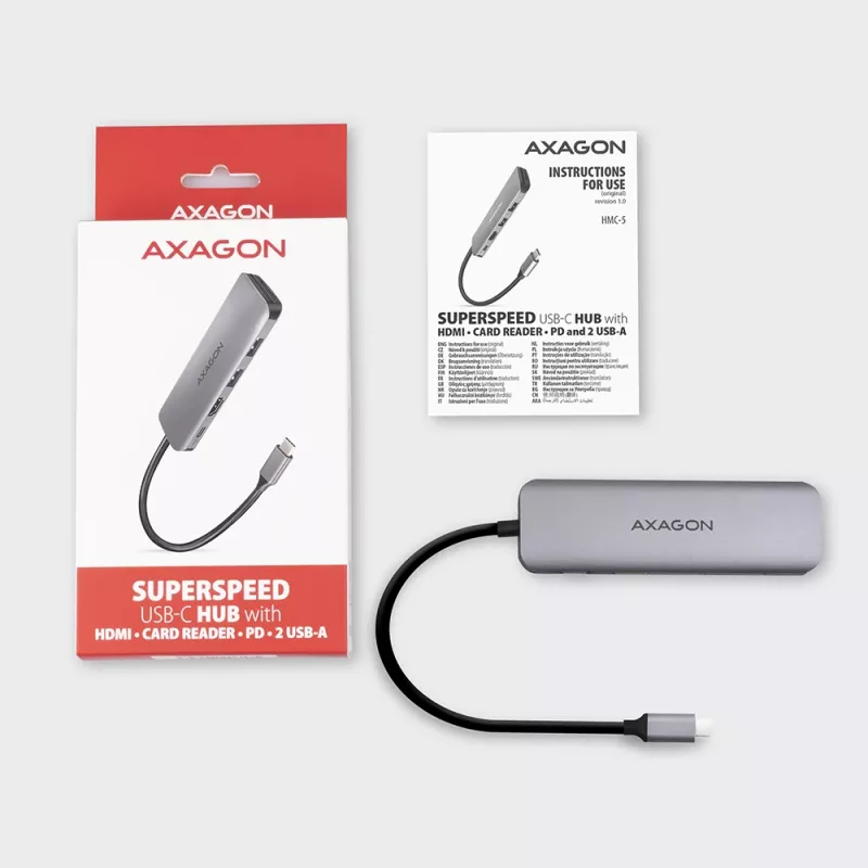 Hub Axagon HMC-5 USB 3.2 Gen 1, 2x USB-A, HDMI, SD/microSD, PD 100W, cabo USB-C de 20 cm