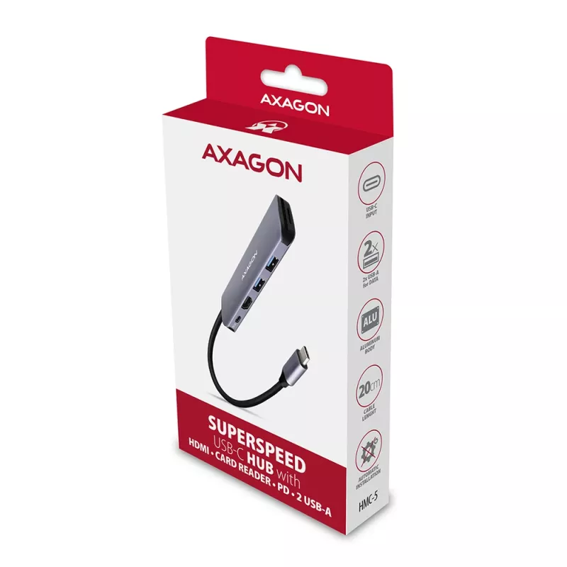 Hub Axagon HMC-5 USB 3.2 Gen 1, 2x USB-A, HDMI, SD/microSD, PD 100W, cabo USB-C de 20 cm