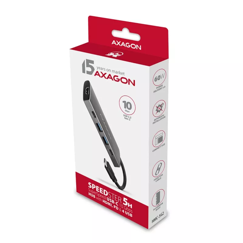 Axagon HMC-5G2 SPEEDSTER hub USB-C 5 em 1, 2x USB-A, 2x USB-C, HDMI, PD 60 W