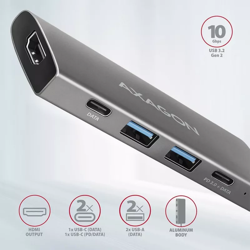 Axagon HMC-5G2 SPEEDSTER hub USB-C 5 em 1, 2x USB-A, 2x USB-C, HDMI, PD 60 W
