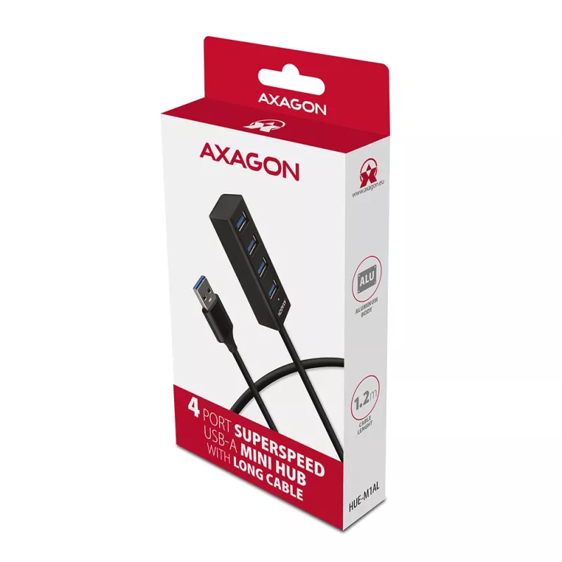 Axagon HUE-M1AL mini-hub 4x USB 3.2 Gen 1, metal, cabo USB-A de 1,2 m