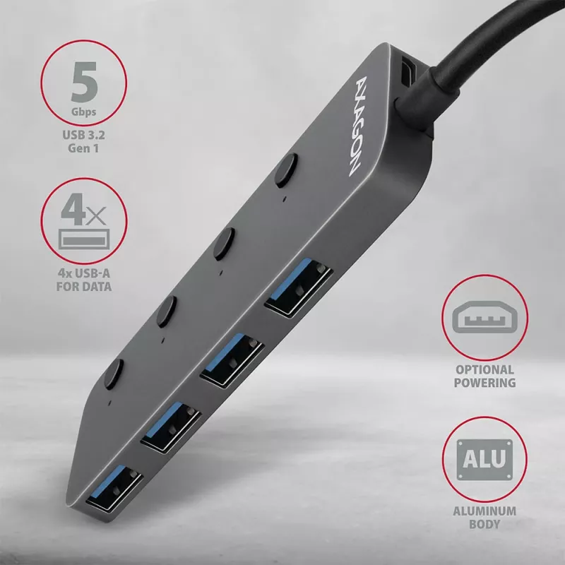 Axagon HUE-MSA Superspeed switch hub USB-A 4x USB 3.0 ativo - 20cm preto USB 3.2 Gen 1 (3.1 Gen 1) Type-A 5000 Mbit/s cinzento