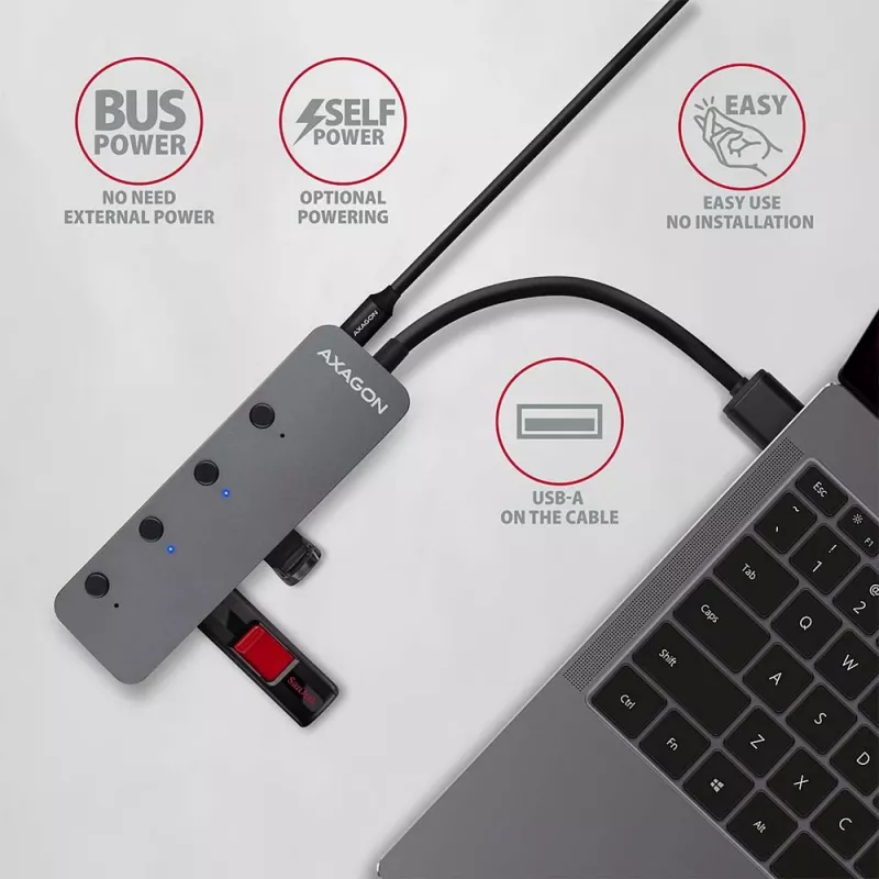Axagon HUE-MSA Superspeed switch hub USB-A 4x USB 3.0 ativo - 20cm preto USB 3.2 Gen 1 (3.1 Gen 1) Type-A 5000 Mbit/s cinzento