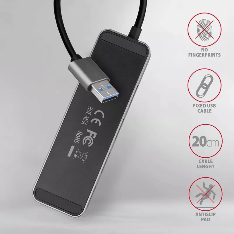 Axagon HUE-MSA Superspeed switch hub USB-A 4x USB 3.0 ativo - 20cm preto USB 3.2 Gen 1 (3.1 Gen 1) Type-A 5000 Mbit/s cinzento