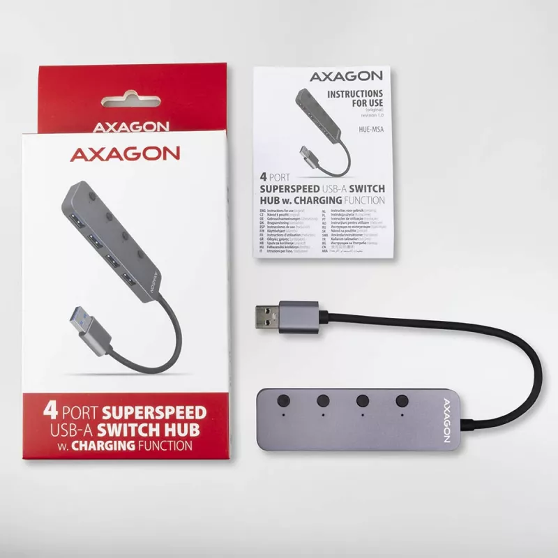 Axagon HUE-MSA Superspeed switch hub USB-A 4x USB 3.0 ativo - 20cm preto USB 3.2 Gen 1 (3.1 Gen 1) Type-A 5000 Mbit/s cinzento
