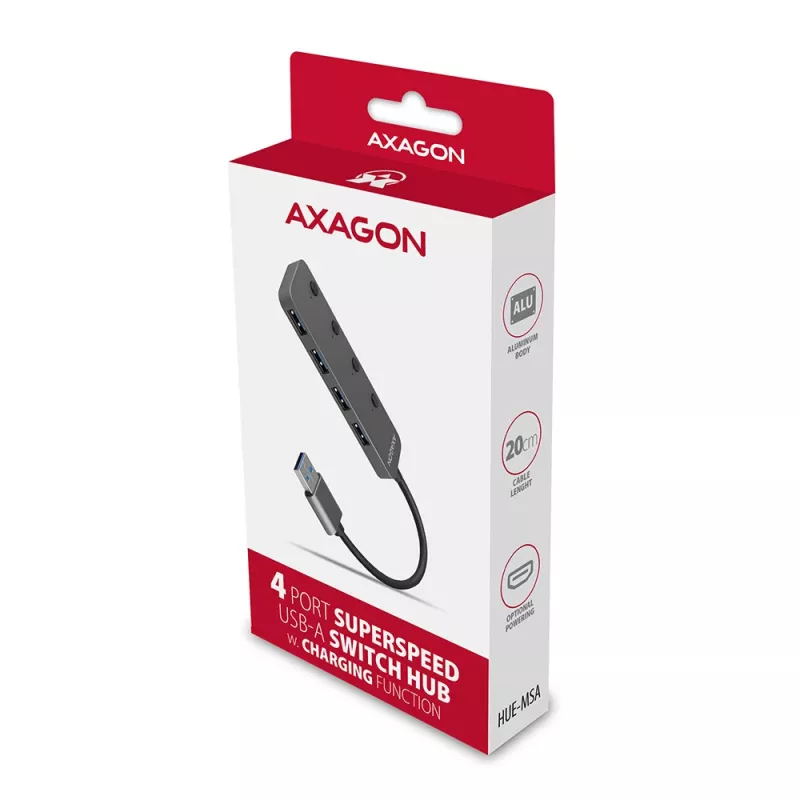Axagon HUE-MSA Superspeed switch hub USB-A 4x USB 3.0 ativo - 20cm preto USB 3.2 Gen 1 (3.1 Gen 1) Type-A 5000 Mbit/s cinzento