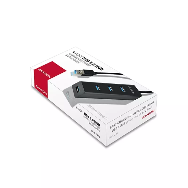 Axagon HUE-S2BL hub de carregamento 4x USB 3.0 com cabo de 1,2 m, alimentação via Micro-USB
