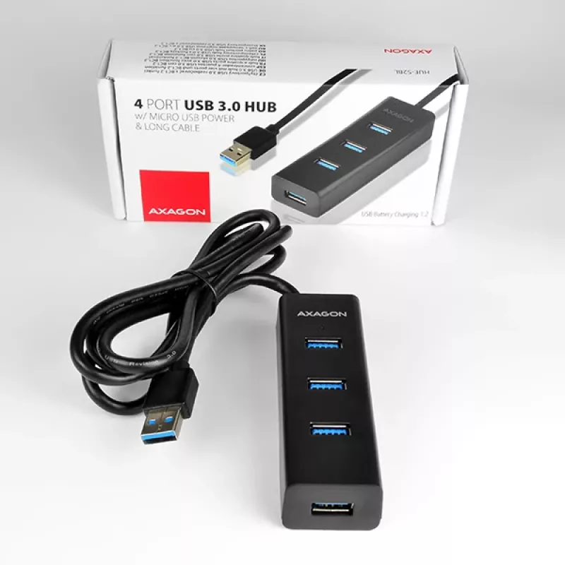 Axagon HUE-S2BL hub de carregamento 4x USB 3.0 com cabo de 1,2 m, alimentação via Micro-USB