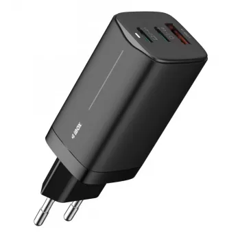 Carregador de CA para dispositivos móveis IBOX ILUC65B — 65 W, 3x USB (2x USB‑A Gen1, 1x USB‑C), preto, 100–240 V
