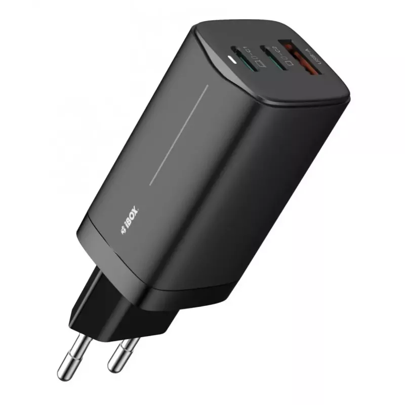 Carregador de CA para dispositivos móveis IBOX ILUC65B — 65 W, 3x USB (2x USB‑A Gen1, 1x USB‑C), preto, 100–240 V