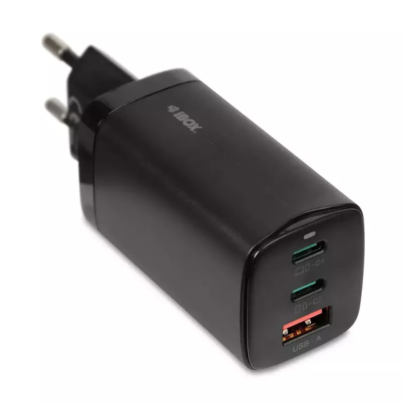 Carregador de CA para dispositivos móveis IBOX ILUC65B — 65 W, 3x USB (2x USB‑A Gen1, 1x USB‑C), preto, 100–240 V