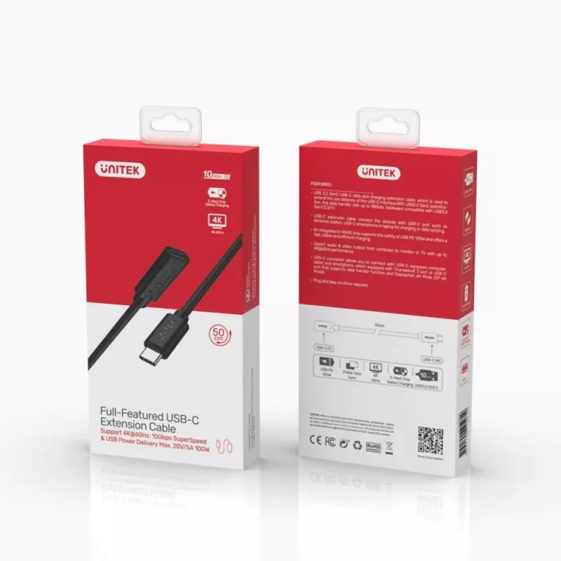 Cabo USB-C UNITEK – USB 3.2 Gen 2 (3.1 Gen 2) – 0,5 m preto