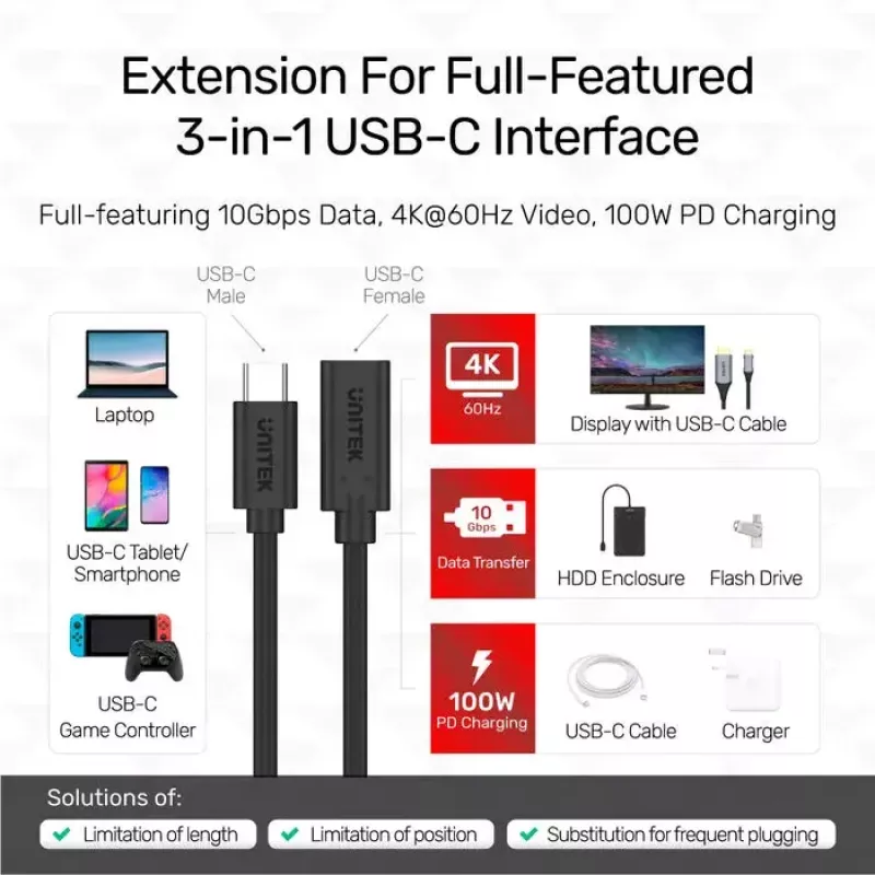 Unitek C14086BK-1.5M cabo de extensão USB-C (M/F), 10 Gbps, 4K, PD 100 W, 1,5 m, preto