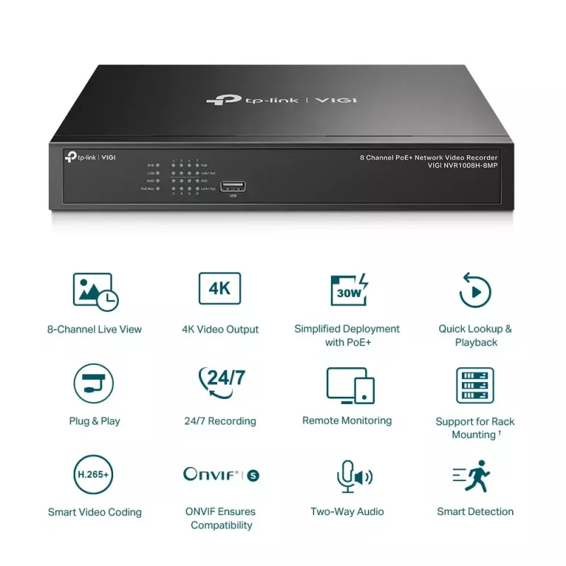 Gravador de vídeo em rede PoE+ TP-Link VIGI 8 canais