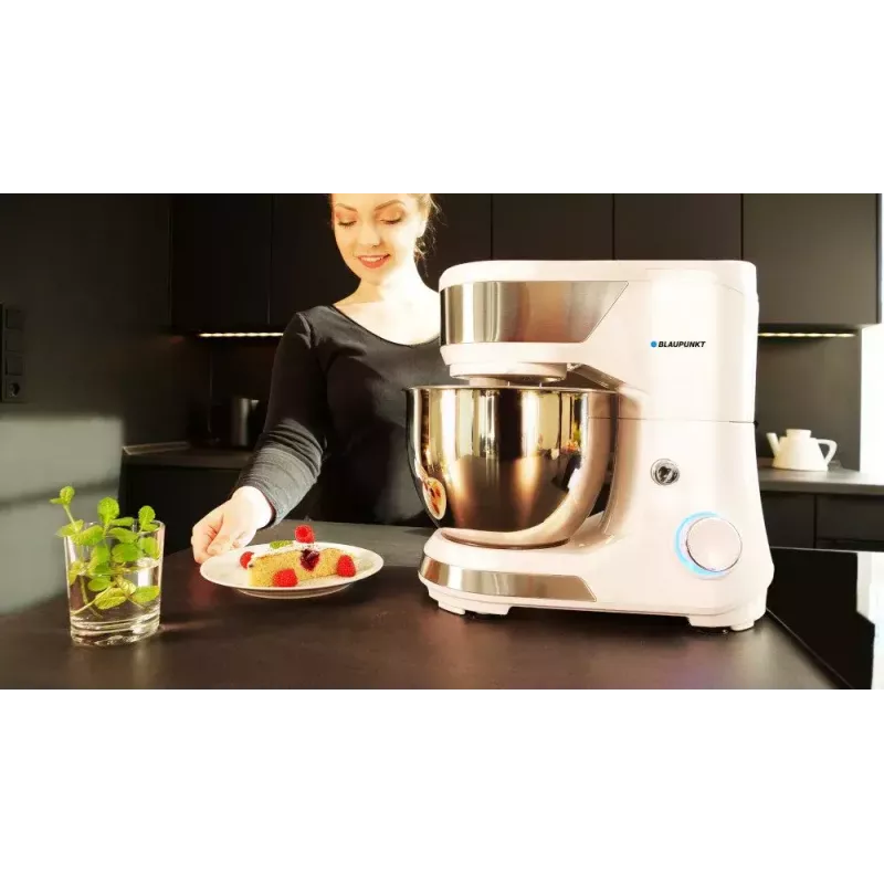 Batedeira de pé BLAUPUNKT SMM501 — taça de aço inoxidável de 5 l, 1000 W, cabeça inclinável, botão rotativo, branca