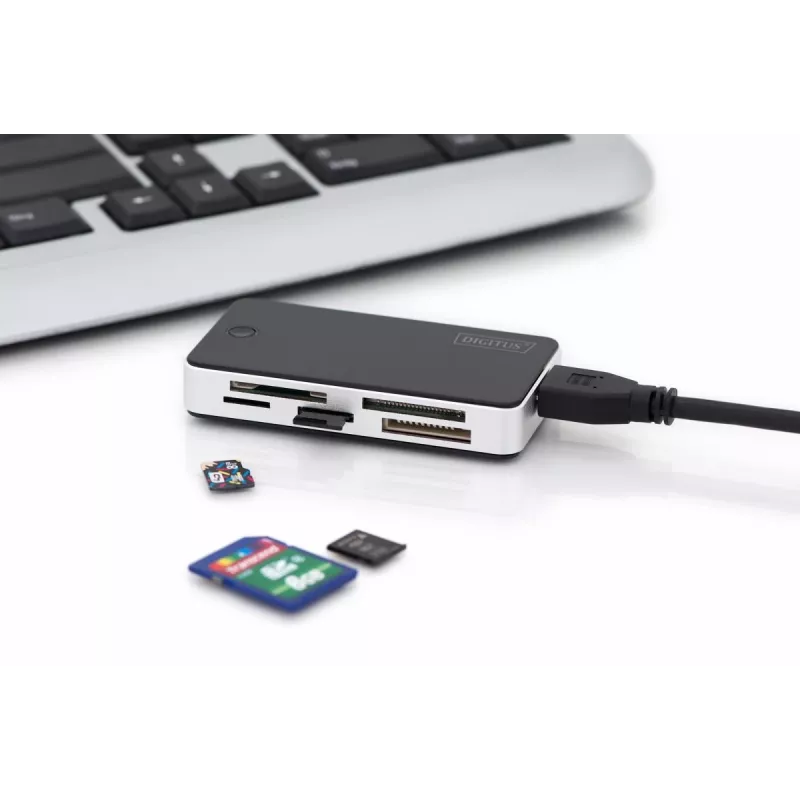 Leitor de cartões DIGITUS USB 3.0, suporta cartões MS/SD/SDHC/MiniSD/M2/CF/MD/SDXC, cabo de ligação USB-A de 1M