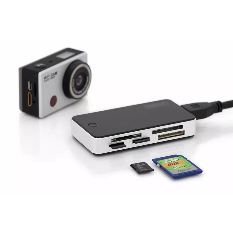 Leitor de cartões DIGITUS USB 3.0, suporta cartões MS/SD/SDHC/MiniSD/M2/CF/MD/SDXC, cabo de ligação USB-A de 1M