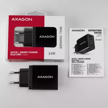 Carregador de parede Axagon ACU-QS24 QUICK and SMART, 2x porta USB QC3.0/AFC/FCP + 5V-1,2A, 24W
