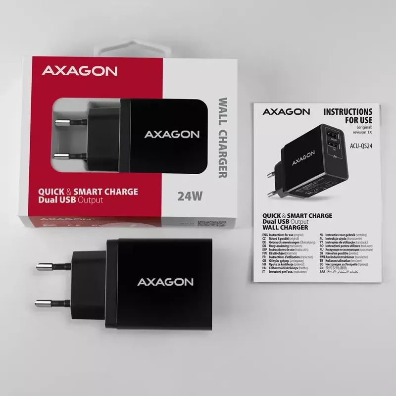 Carregador de parede Axagon ACU-QS24 QUICK and SMART, 2x porta USB QC3.0/AFC/FCP + 5V-1,2A, 24W