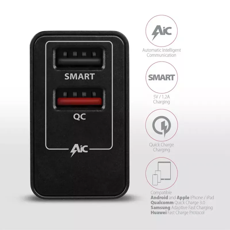 Carregador de parede Axagon ACU-QS24 QUICK and SMART, 2x porta USB QC3.0/AFC/FCP + 5V-1,2A, 24W