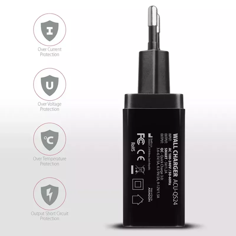 Carregador de parede Axagon ACU-QS24 QUICK and SMART, 2x porta USB QC3.0/AFC/FCP + 5V-1,2A, 24W