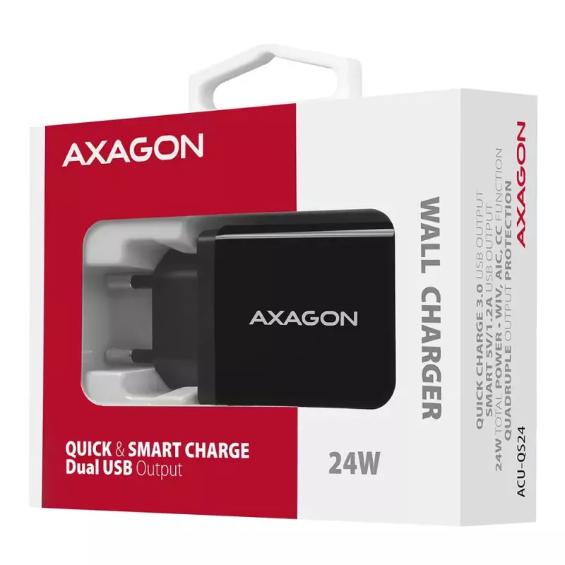 Carregador de parede Axagon ACU-QS24 QUICK and SMART, 2x porta USB QC3.0/AFC/FCP + 5V-1,2A, 24W