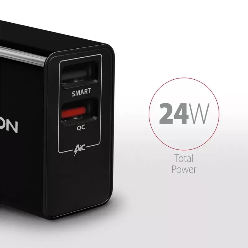 Carregador de parede Axagon ACU-QS24 QUICK and SMART, 2x porta USB QC3.0/AFC/FCP + 5V-1,2A, 24W