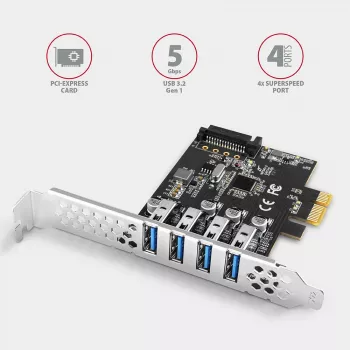 Placa PCIe Axagon PCEU-43RS - 4 portas USB 5 Gbps, alimentação dupla, Renesas PD720201, SP & LP
