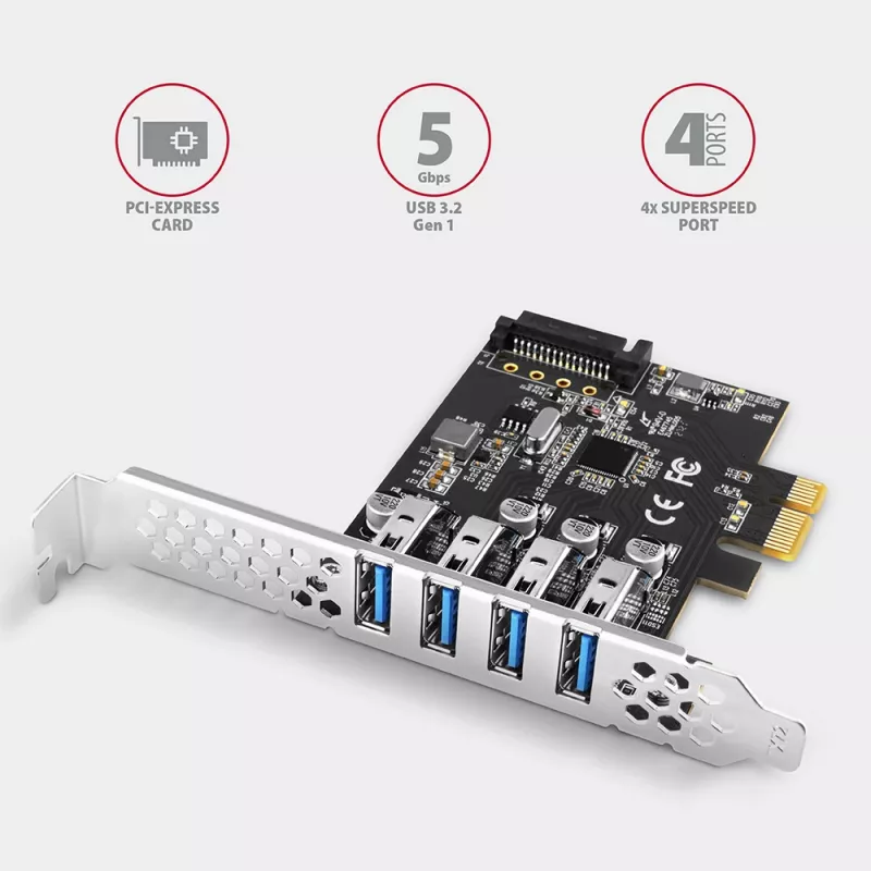 Placa PCIe Axagon PCEU-43RS - 4 portas USB 5 Gbps, alimentação dupla, Renesas PD720201, SP & LP