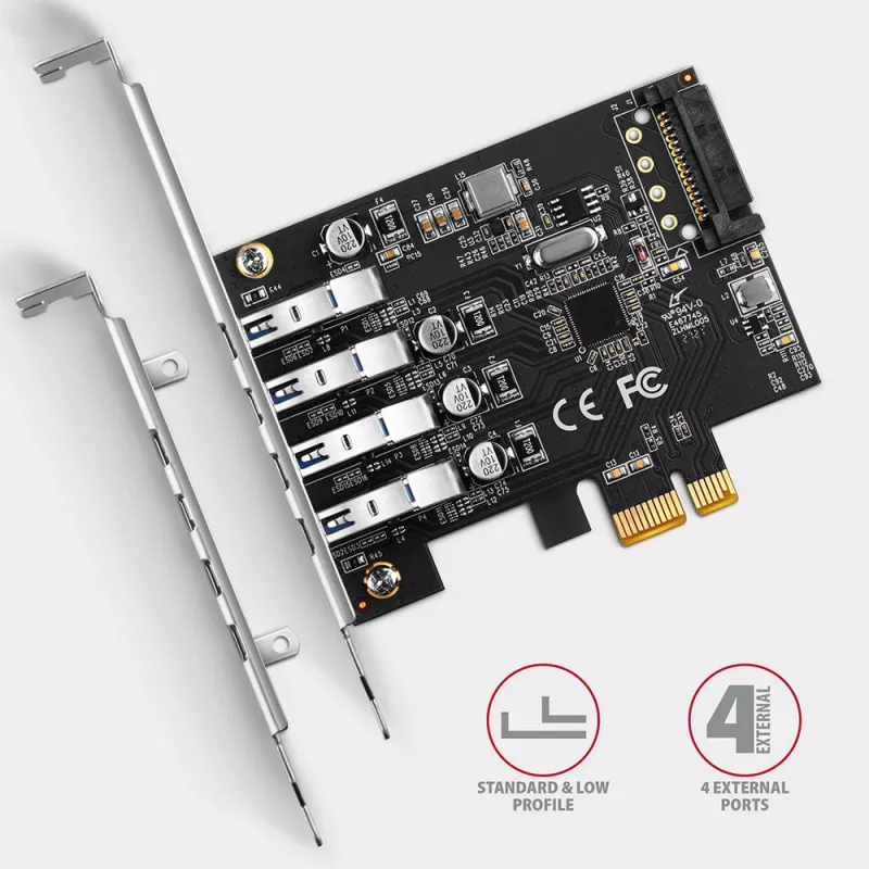 Placa PCIe Axagon PCEU-43RS - 4 portas USB 5 Gbps, alimentação dupla, Renesas PD720201, SP & LP
