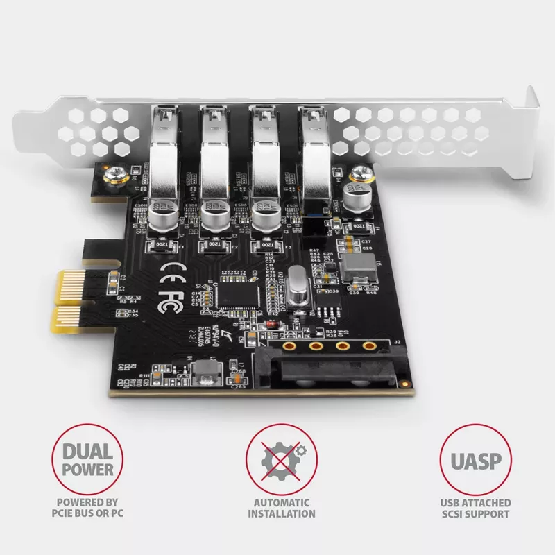 Placa PCIe Axagon PCEU-43RS - 4 portas USB 5 Gbps, alimentação dupla, Renesas PD720201, SP & LP