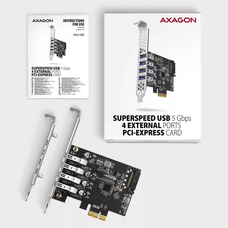 Placa PCIe Axagon PCEU-43RS - 4 portas USB 5 Gbps, alimentação dupla, Renesas PD720201, SP & LP