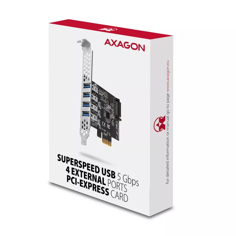 Placa PCIe Axagon PCEU-43RS - 4 portas USB 5 Gbps, alimentação dupla, Renesas PD720201, SP & LP