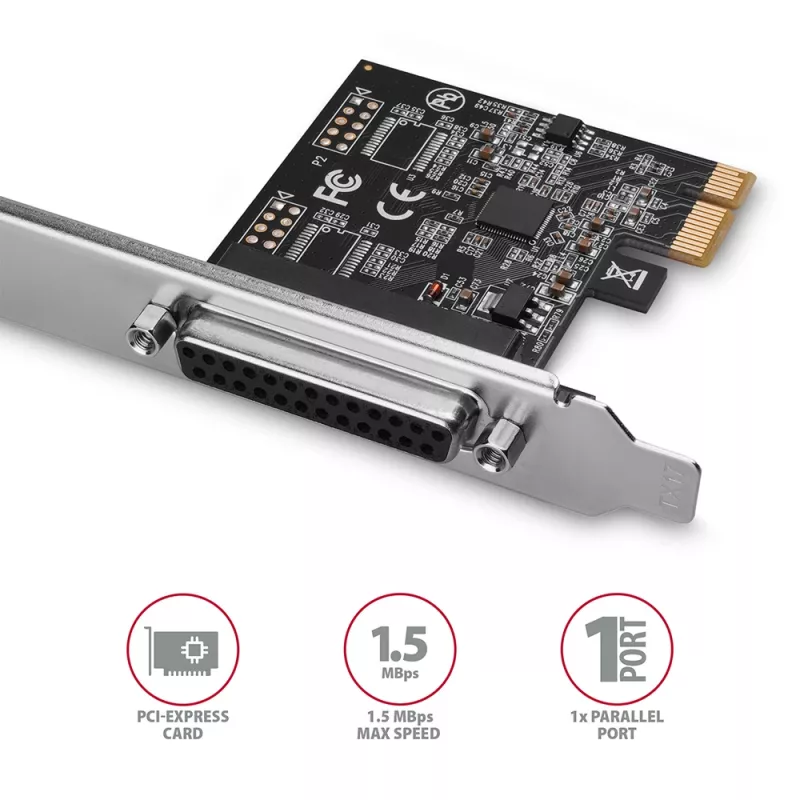 Axagon PCEA-P1N PCIe - adaptador de 1 porta paralela com SP & LP, PCIe, paralela, fêmea, full-height / low-profile, PCIe 2.0, China