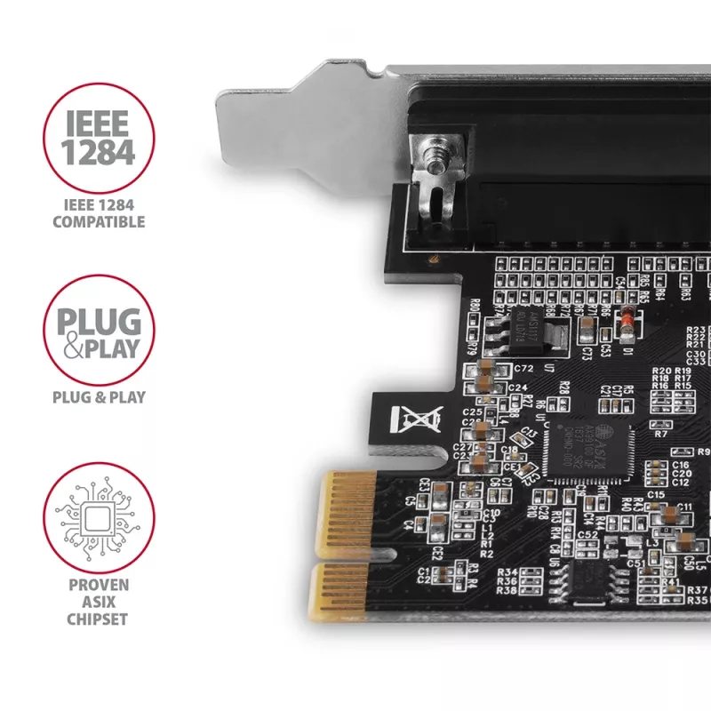 Axagon PCEA-P1N PCIe - adaptador de 1 porta paralela com SP & LP, PCIe, paralela, fêmea, full-height / low-profile, PCIe 2.0, China