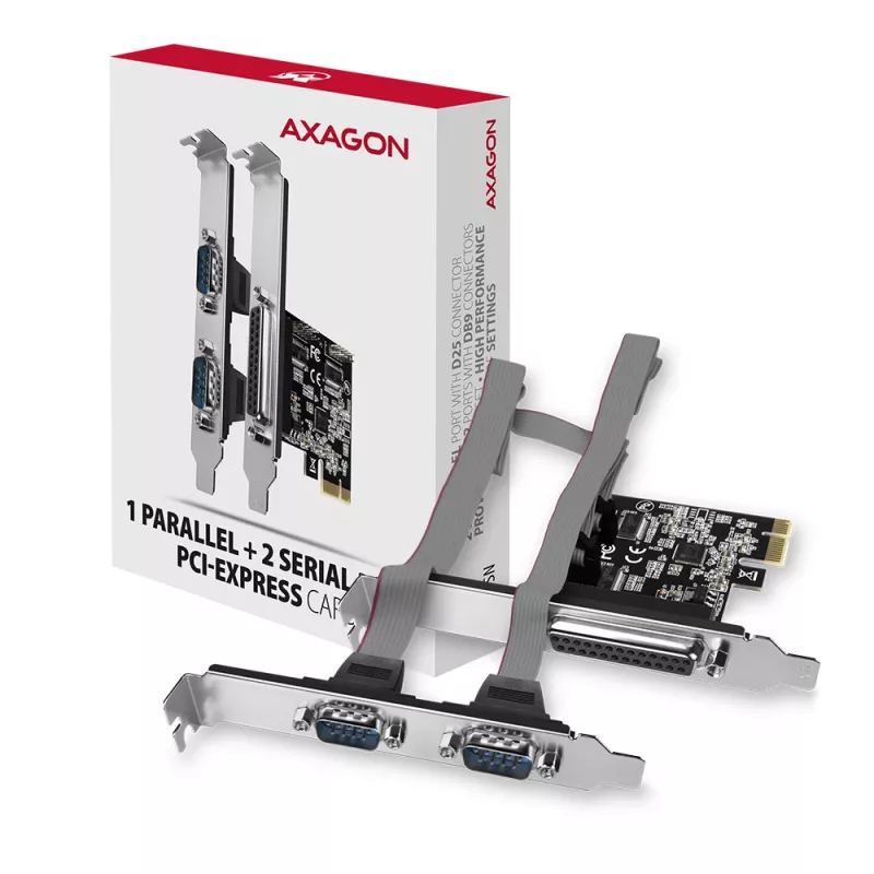 Axagon PCEA-PSN PCIe - adaptador de 1 porta paralela e 2 portas série 250 kbps com SP & LP