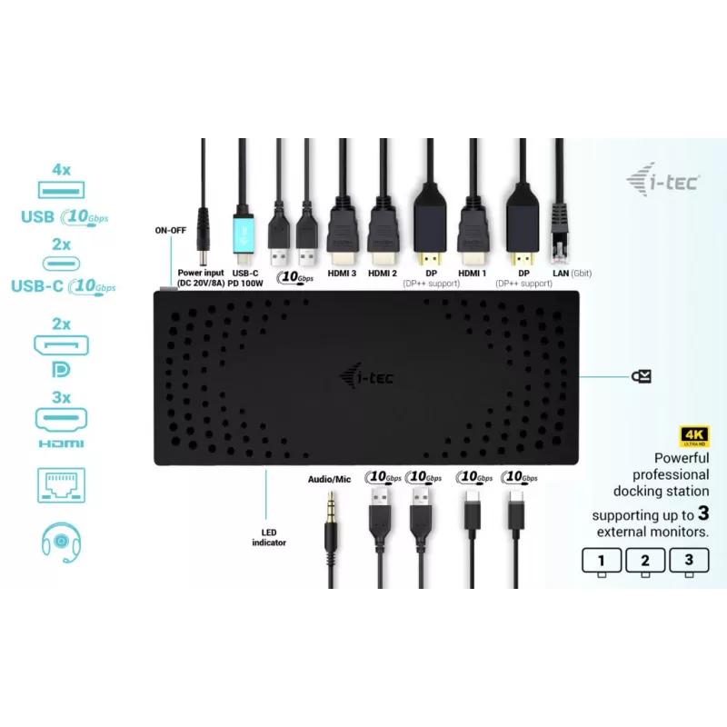 Estação de acoplamento i-tec USB 3.0 / USB-C / Thunderbolt, 3x 4K Gen 2 + Power Delivery 100W