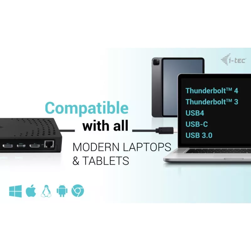 Estação de acoplamento i-tec USB 3.0 / USB-C / Thunderbolt, 3x 4K Gen 2 + Power Delivery 100W
