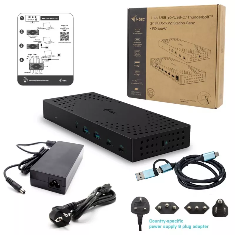 Estação de acoplamento i-tec USB 3.0 / USB-C / Thunderbolt, 3x 4K Gen 2 + Power Delivery 100W