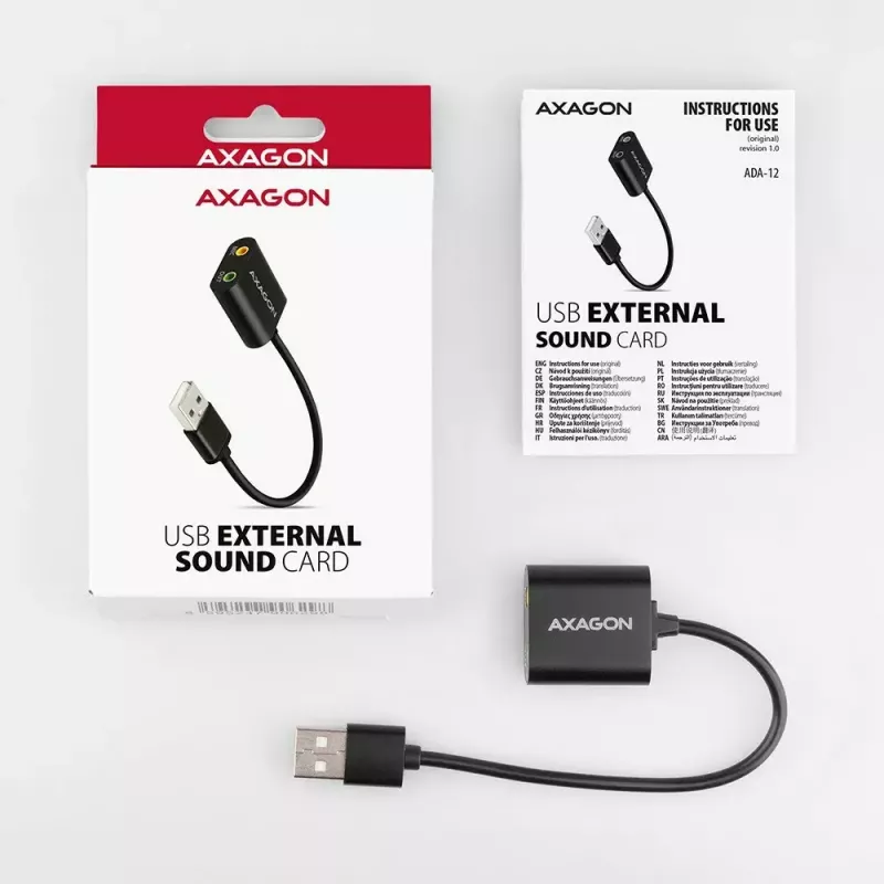 Adaptador de áudio USB externo AXAGON ADA-12 com 1x jack de 3,5 mm para auscultadores e microfone