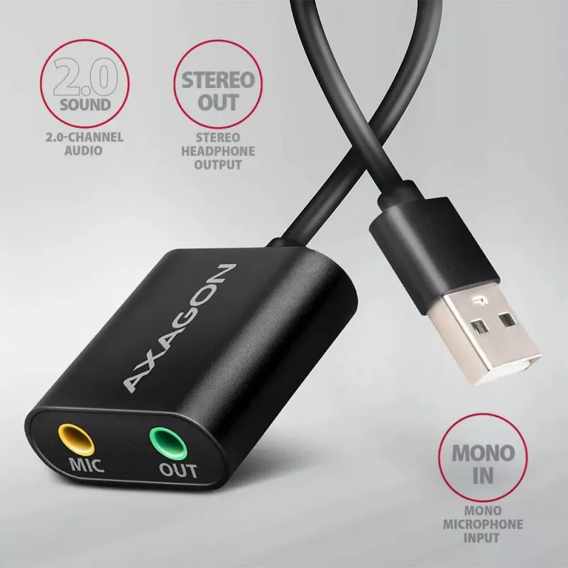Adaptador de áudio USB externo AXAGON ADA-12 com 1x jack de 3,5 mm para auscultadores e microfone