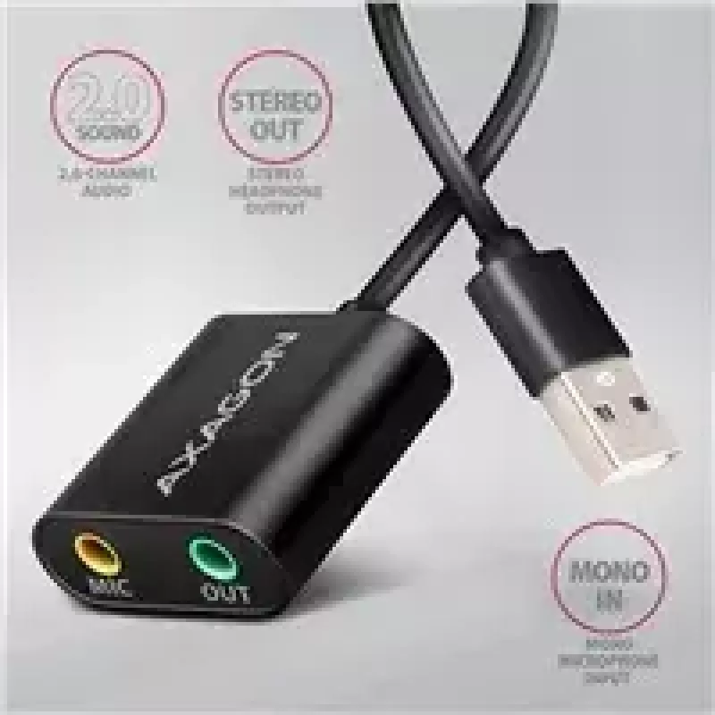 Adaptador de áudio USB externo AXAGON ADA-12 com 1x jack de 3,5 mm para auscultadores e microfone