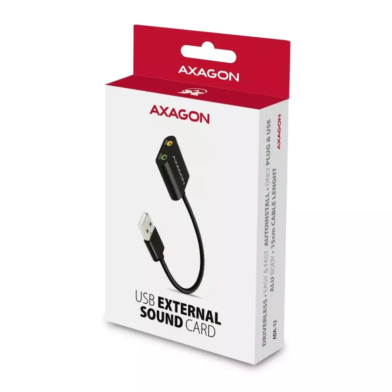 Adaptador de áudio USB externo AXAGON ADA-12 com 1x jack de 3,5 mm para auscultadores e microfone