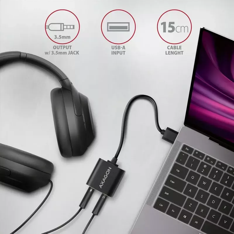 Adaptador de áudio USB externo AXAGON ADA-12 com 1x jack de 3,5 mm para auscultadores e microfone
