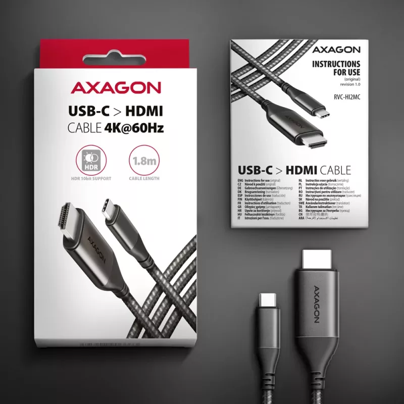 Cabo Axagon RVC-HI2MC USB-C -> HDMI 2.0a 1,8m, 4K/60Hz HDR10