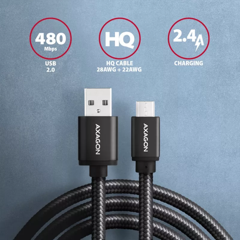 Cabo Axagon BUMM-AM10AB HQ Micro USB <-> USB-A, 1m, USB 2.0, 2,4A, ALU, trançado, preto