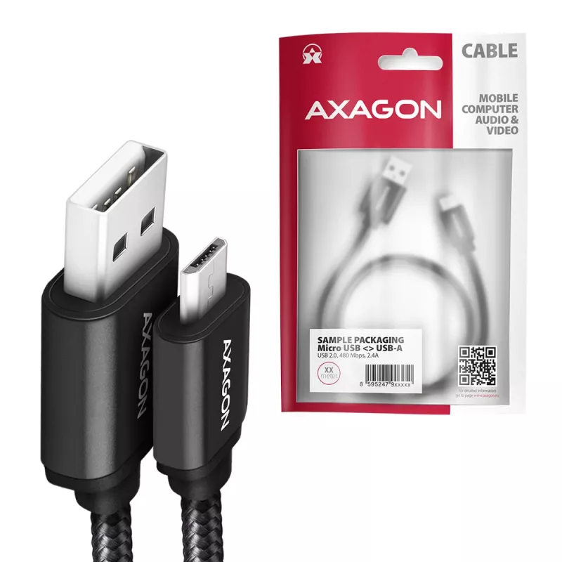 Cabo Axagon BUMM-AM10AB HQ Micro USB <-> USB-A, 1m, USB 2.0, 2,4A, ALU, trançado, preto