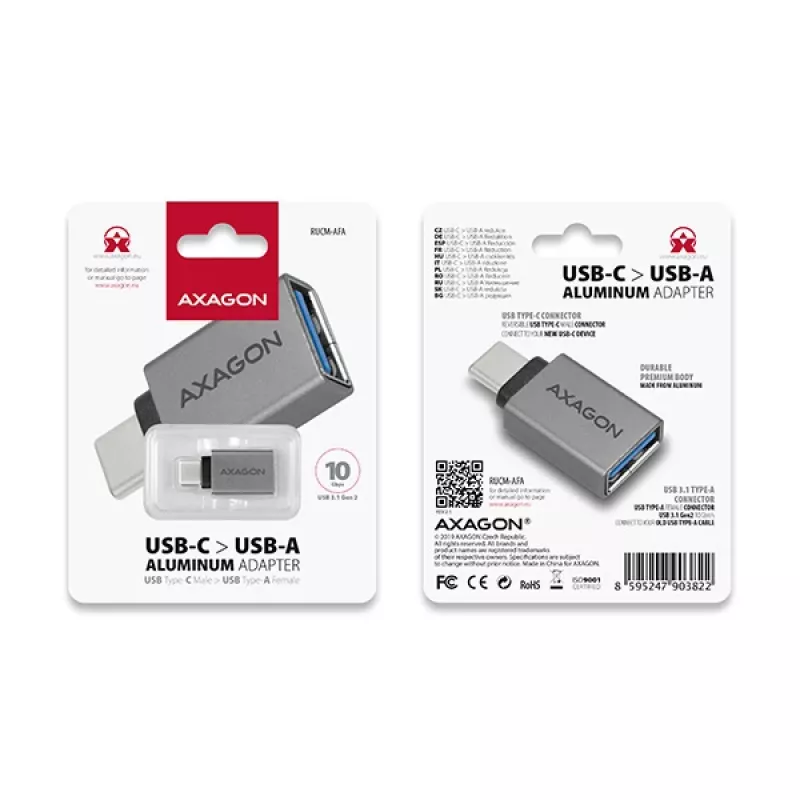 Adaptador Axagon RUCM-AFA USB-C (M) -> USB-A (F), USB 3.2 Gen 2, 3A, ALU