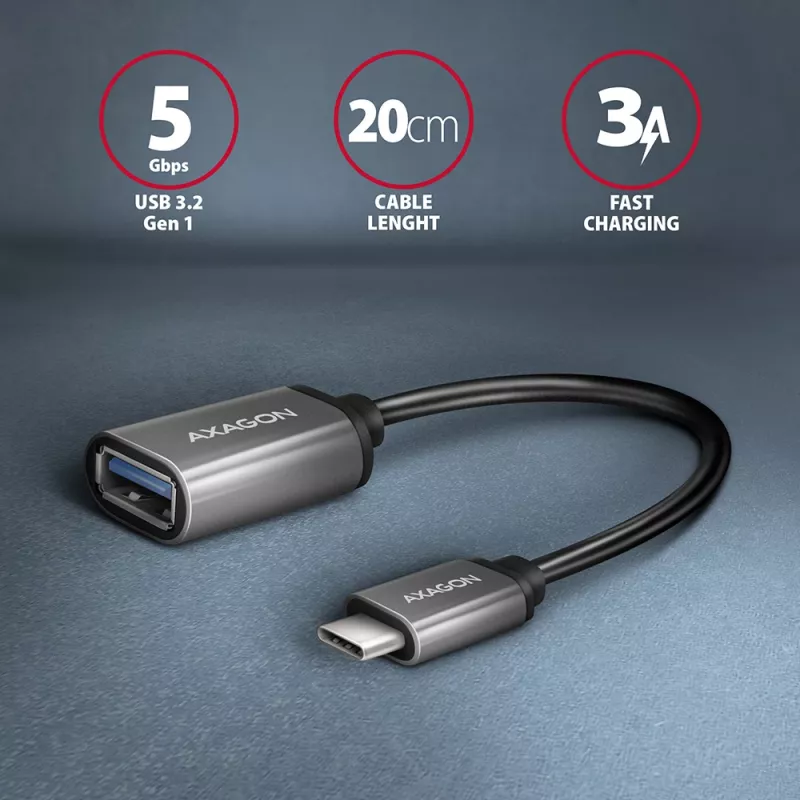 Adaptador de cabo Axagon RUCM-AFAC USB-C (M) -> USB-A (F), 20cm, USB 3.2 Gen 1, 3A, ALU