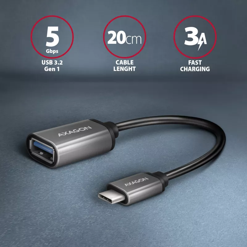 Adaptador de cabo Axagon RUCM-AFAC USB-C (M) -> USB-A (F), 20cm, USB 3.2 Gen 1, 3A, ALU